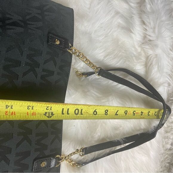 Michael Kors Black Fabric Signature Monogram medium tote gold tone chain straps - Picture 12 of 16